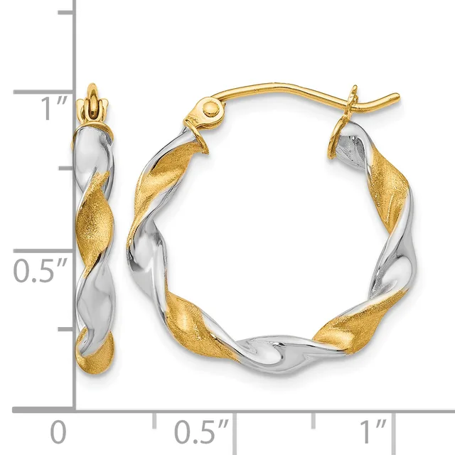 Two-tone twisted hoop earrings with gold and silver striped pattern, shown from front and side views with a measurement scale indicating approximately one inch in height.