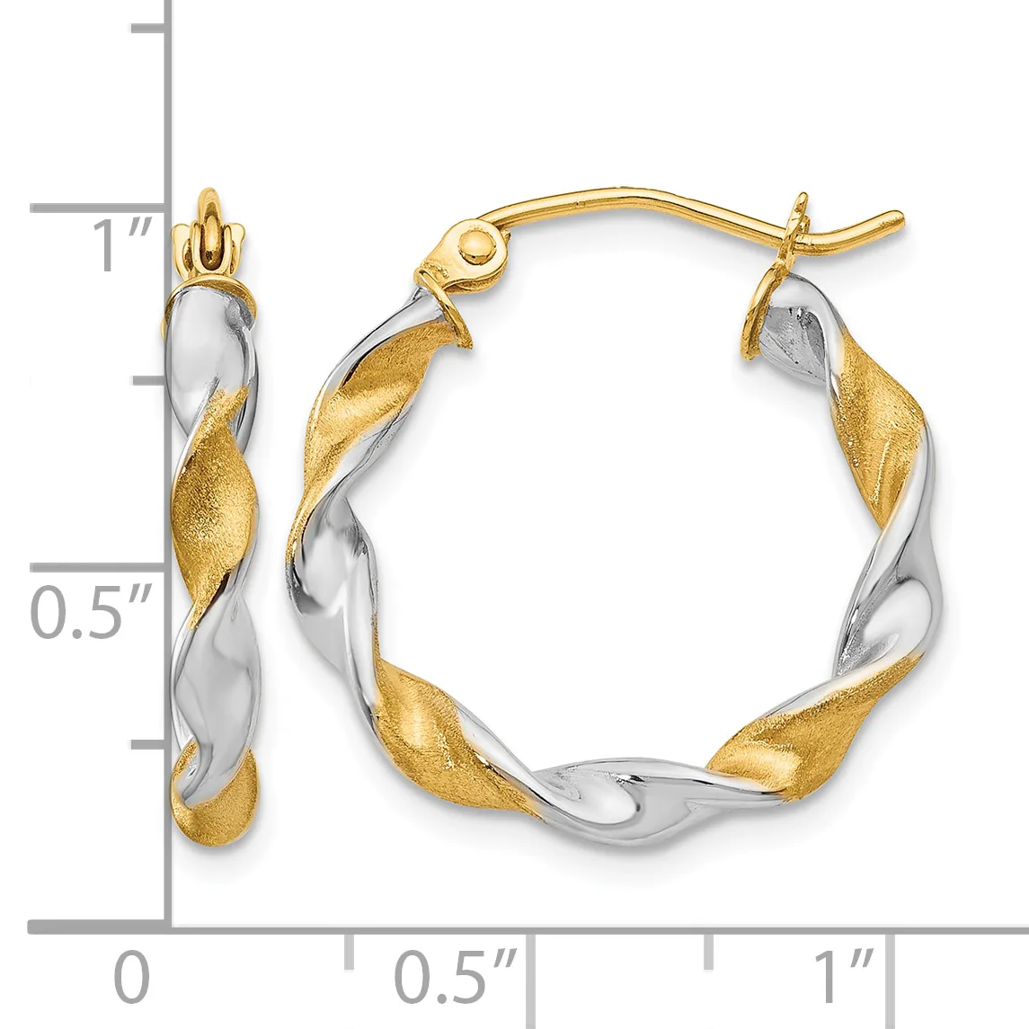Two-tone twisted hoop earrings with gold and silver striped pattern, shown from front and side views with a measurement scale indicating approximately one inch in height.
