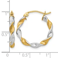 Two-tone twisted hoop earrings with gold and silver striped pattern, shown from front and side views with a measurement scale indicating approximately one inch in height.
