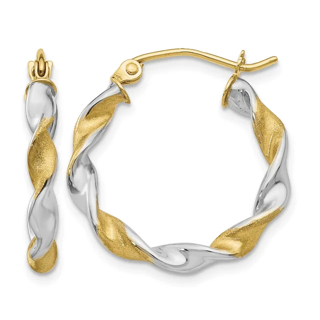 Pair of twisted two-tone gold and silver hoop earrings with textured gold leaf-shaped accents, shown from front and side views.
