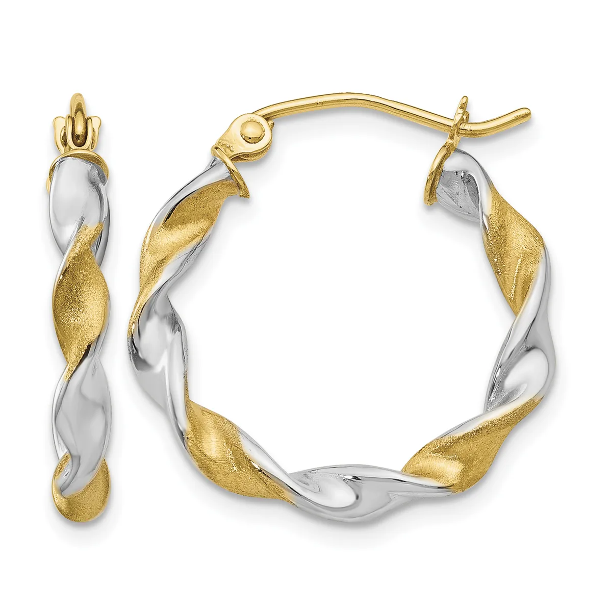 Pair of twisted two-tone gold and silver hoop earrings with textured gold leaf-shaped accents, shown from front and side views.