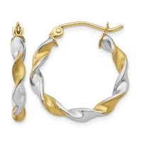 Pair of twisted two-tone gold and silver hoop earrings with textured gold leaf-shaped accents, shown from front and side views.