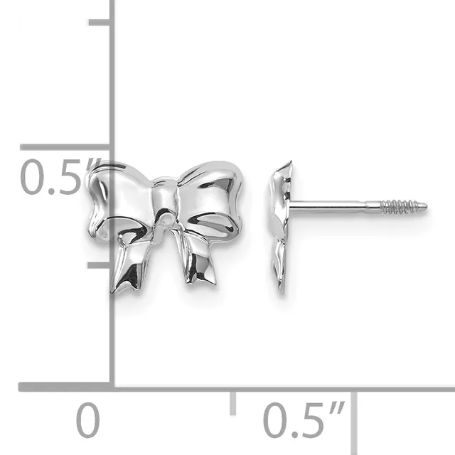 A pair of polished silver bow-shaped stud earrings shown from front and side views with a measurement scale indicating approximately 0.5 inches in width.