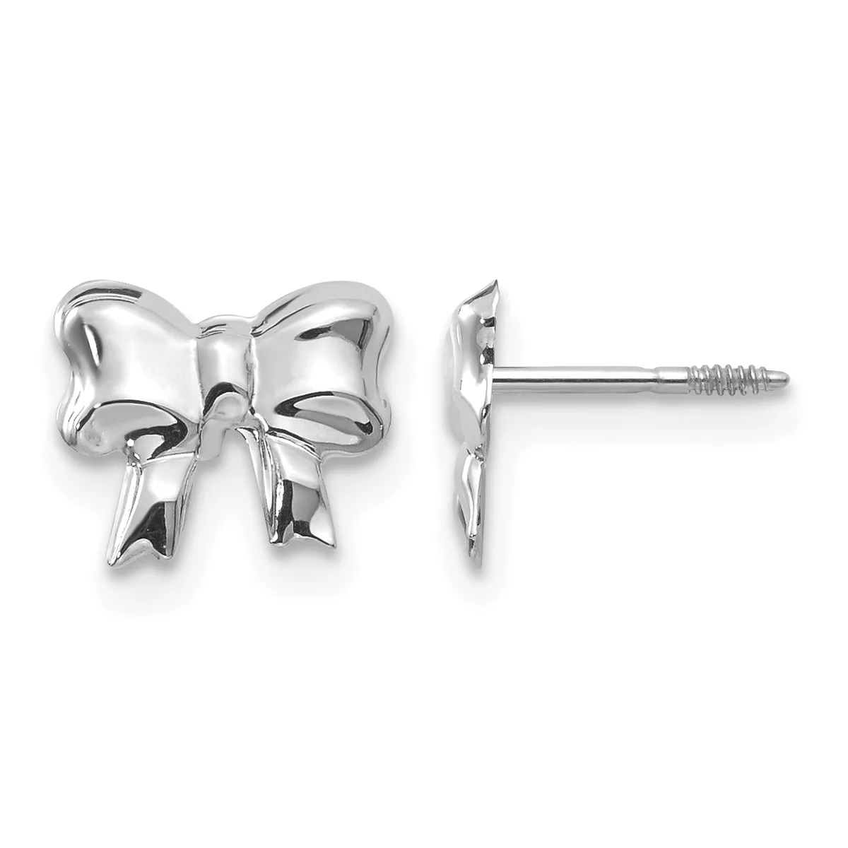 A pair of silver bow-shaped stud earrings shown from front and side views, with screw-post backs.