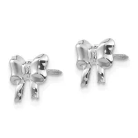 A pair of polished silver-toned bow-shaped stud earrings with screw backs, shown from the front and back angles.