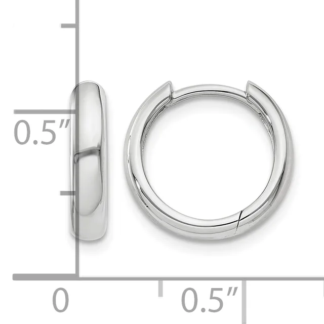 Polished silver-toned chunky hoop earrings shown from front and side view with measurement scale indicating 0.5 inch width.