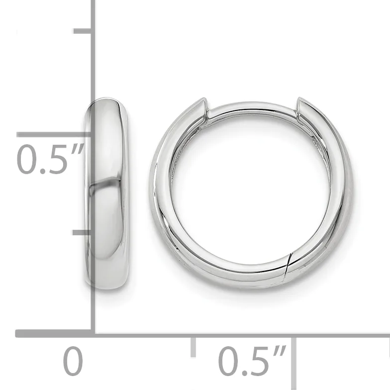 Polished silver-toned chunky hoop earrings shown from front and side view with measurement scale indicating 0.5 inch width.
