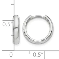 Polished silver-toned chunky hoop earrings shown from front and side view with measurement scale indicating 0.5 inch width.