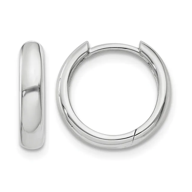 A pair of polished silver-tone hinged hoop earrings displayed against a white background, shown from the front and side view.