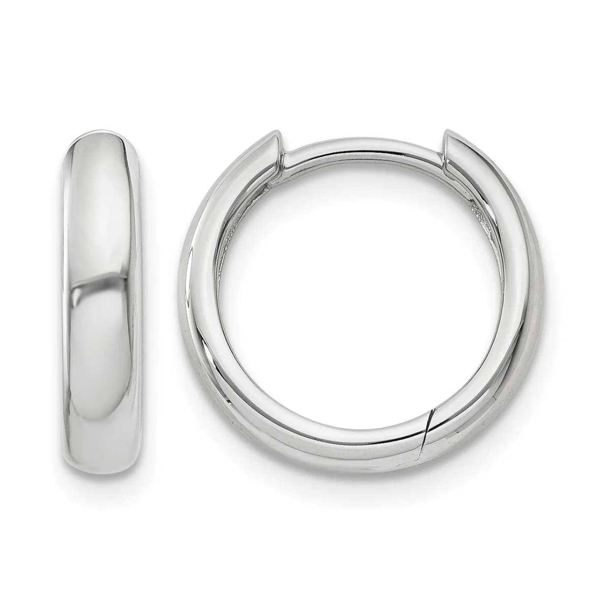 A pair of polished silver-tone hinged hoop earrings displayed against a white background, shown from the front and side view.