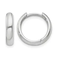 A pair of polished silver-tone hinged hoop earrings displayed against a white background, shown from the front and side view.