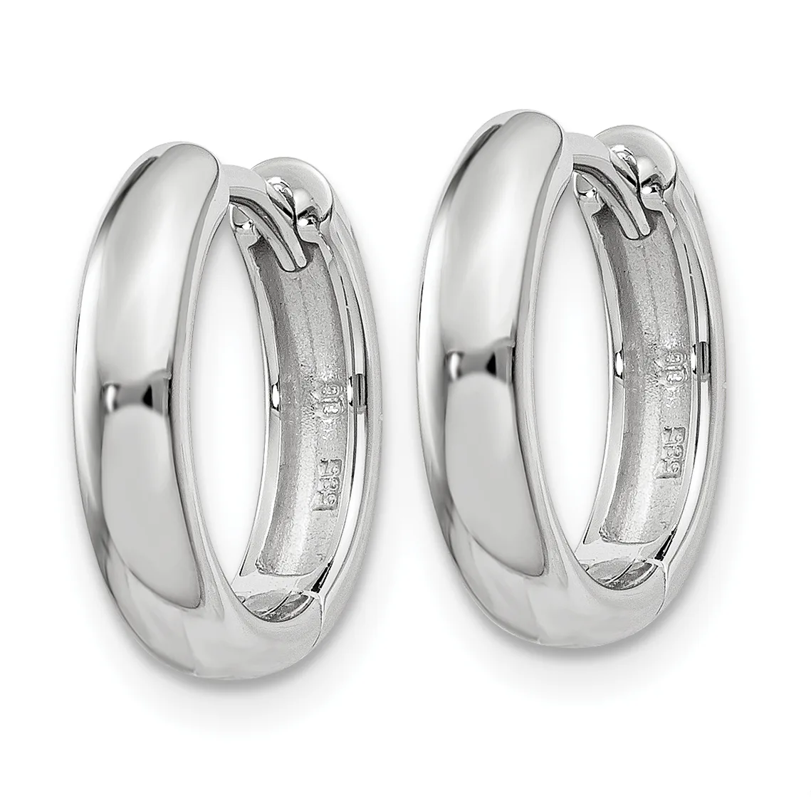A pair of polished silver chunky hoop earrings with a smooth curved surface and hinged closure, shown from the front.