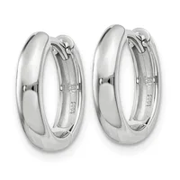 A pair of polished silver chunky hoop earrings with a smooth curved surface and hinged closure, shown from the front.
