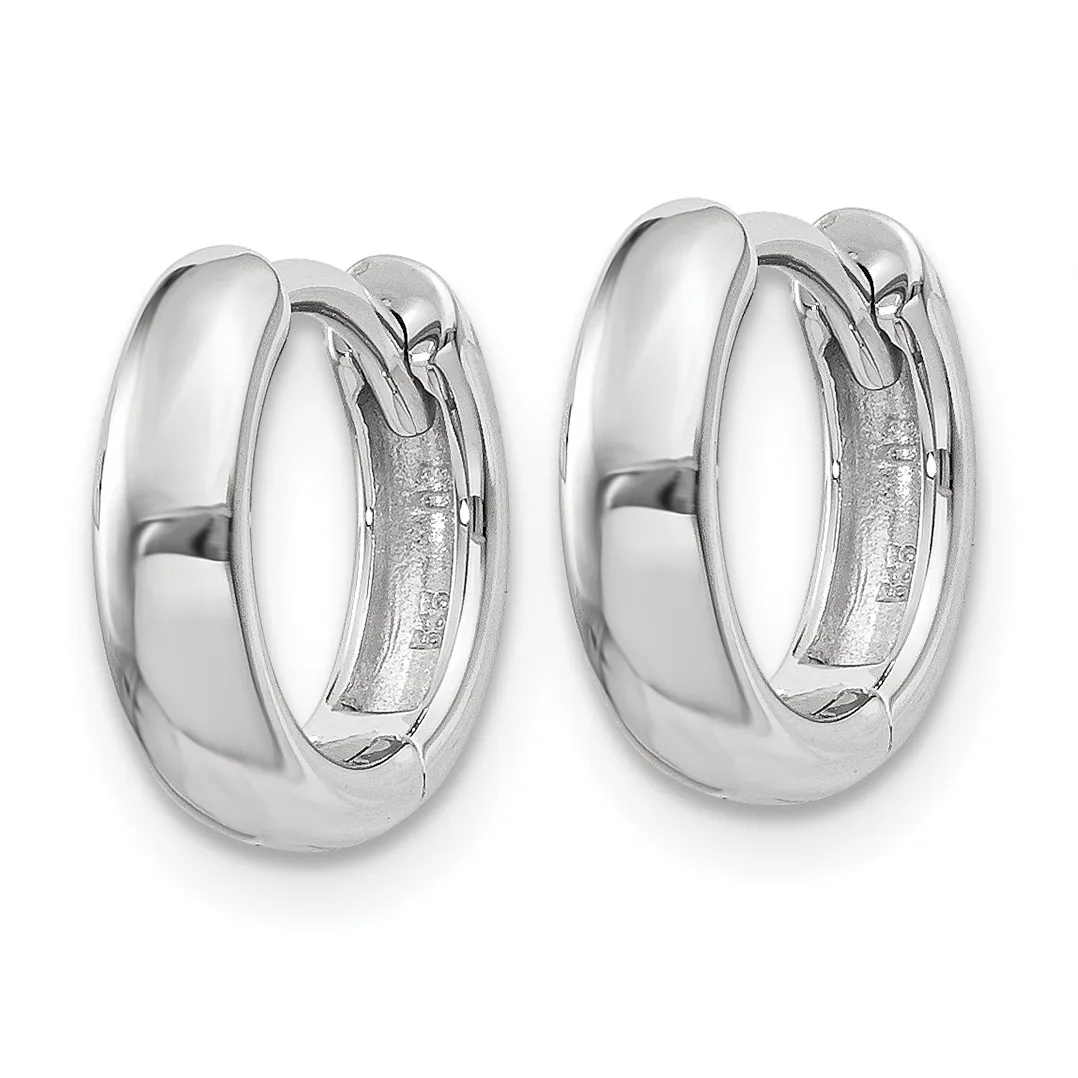 A pair of polished silver chunky hoop earrings with a high-shine finish and hinged closures, shown from the front.