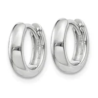 A pair of polished silver chunky hoop earrings with a high-shine finish and hinged closures, shown from the front.