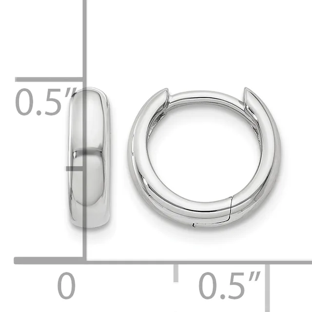 Two polished silver-toned huggie hoop earrings shown from front and side view with measurement scale indicating 0.5 inch diameter and width.