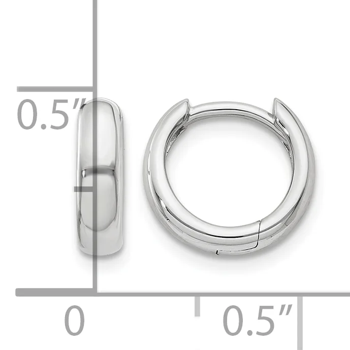 Two polished silver-toned huggie hoop earrings shown from front and side view with measurement scale indicating 0.5 inch diameter and width.
