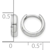 Two polished silver-toned huggie hoop earrings shown from front and side view with measurement scale indicating 0.5 inch diameter and width.