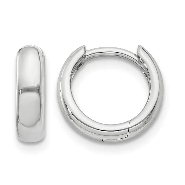 A pair of polished silver-colored chunky hoop earrings shown from the front and side view, displaying their smooth curved surface and hinged closure.