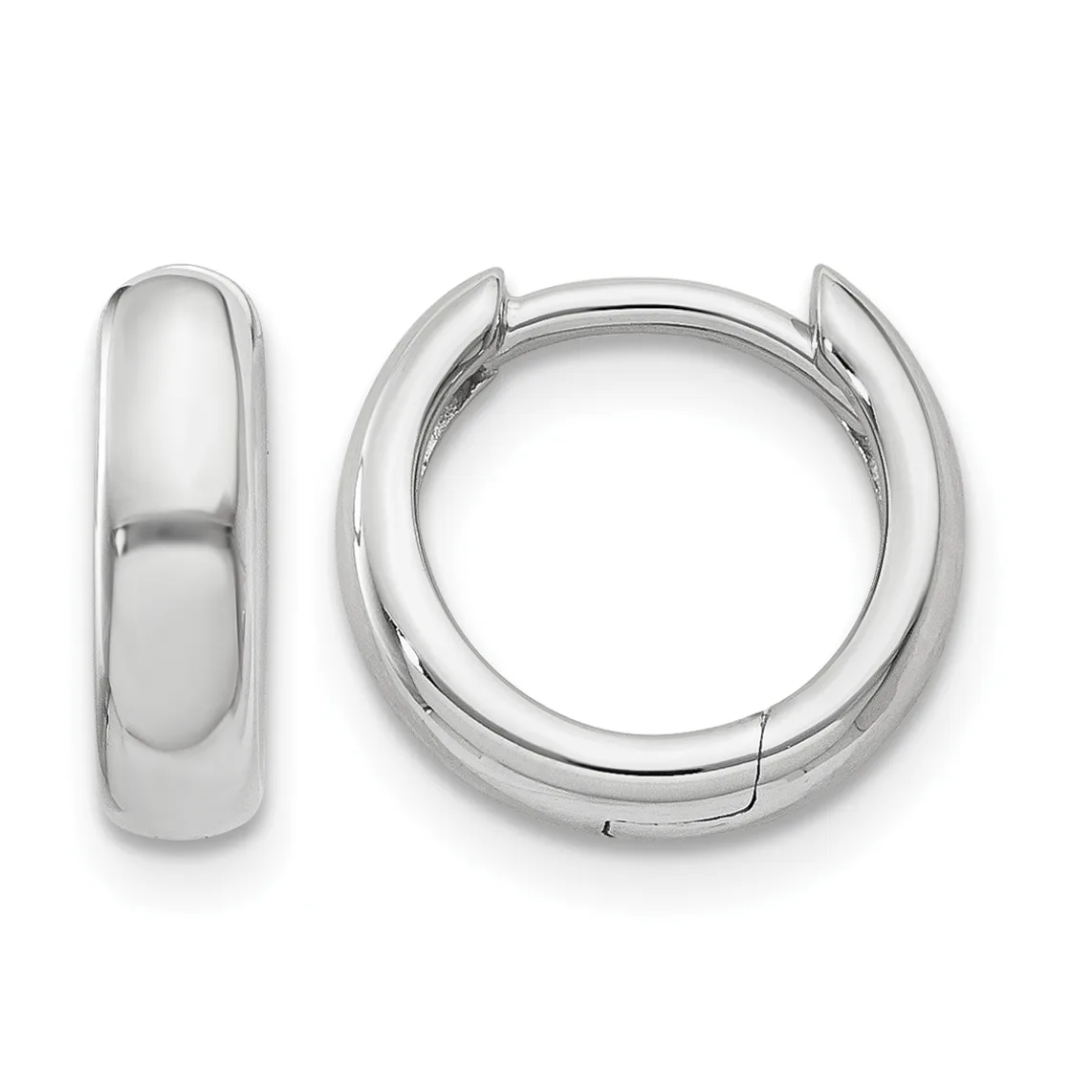 A pair of polished silver-colored chunky hoop earrings shown from the front and side view, displaying their smooth curved surface and hinged closure.