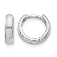 A pair of polished silver-colored chunky hoop earrings shown from the front and side view, displaying their smooth curved surface and hinged closure.