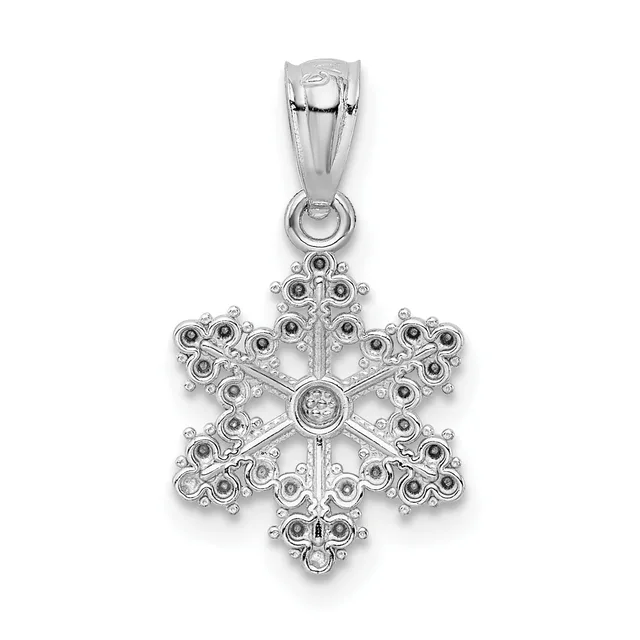 Sterling silver snowflake pendant with a round diamond in the center and small round stones arranged in a decorative pattern throughout, suspended from a bail.
