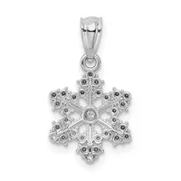 Sterling silver snowflake pendant with a round diamond in the center and small round stones arranged in a decorative pattern throughout, suspended from a bail.