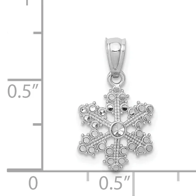 Silver snowflake pendant with circular crystal stones arranged in a geometric pattern, shown against a measurement scale indicating approximately 0.5 inches in height.