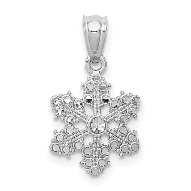 Sterling silver snowflake pendant with circular stone settings arranged in six points and a center stone, attached to a bail loop.