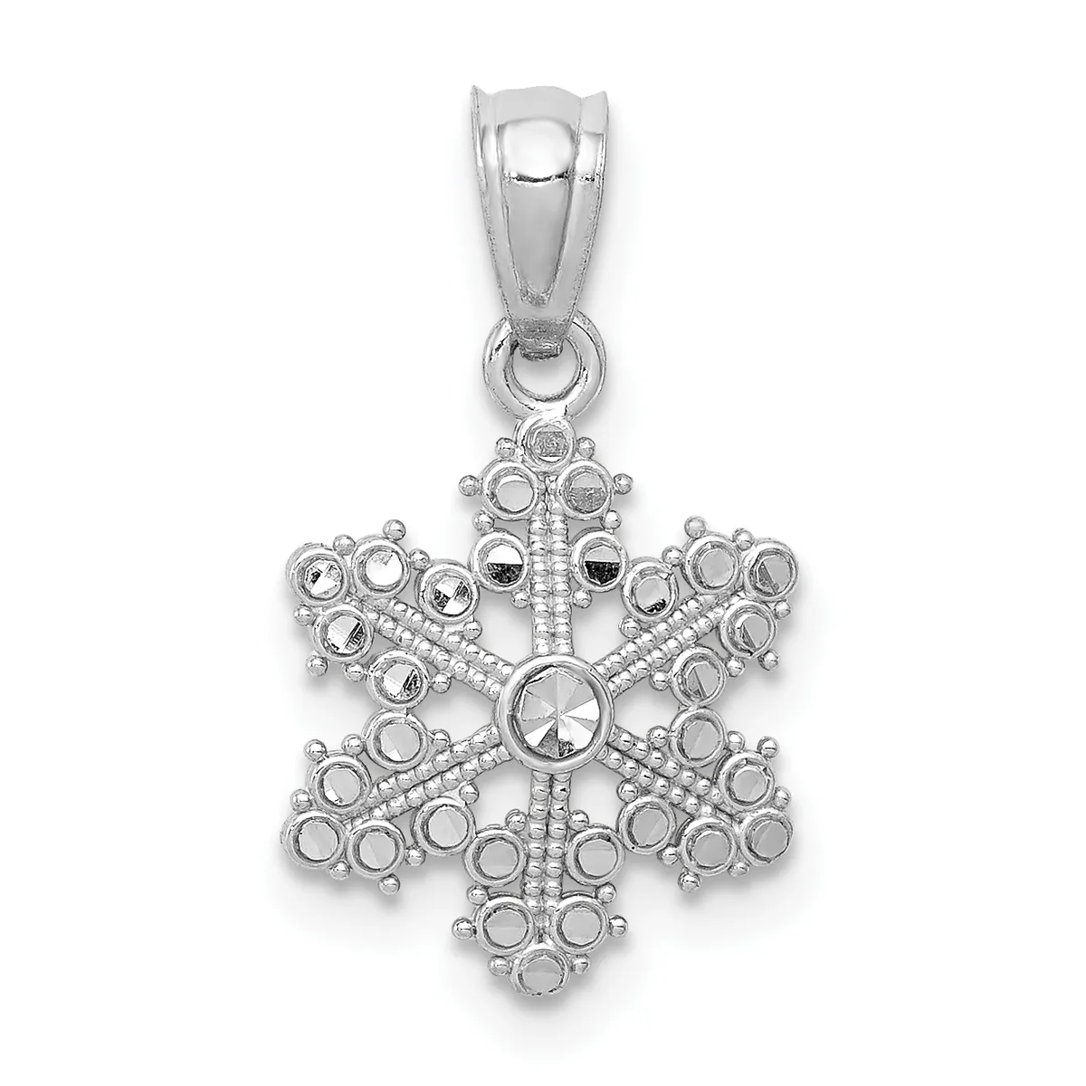 Sterling silver snowflake pendant with circular stone settings arranged in six points and a center stone, attached to a bail loop.