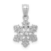 Sterling silver snowflake pendant with circular stone settings arranged in six points and a center stone, attached to a bail loop.