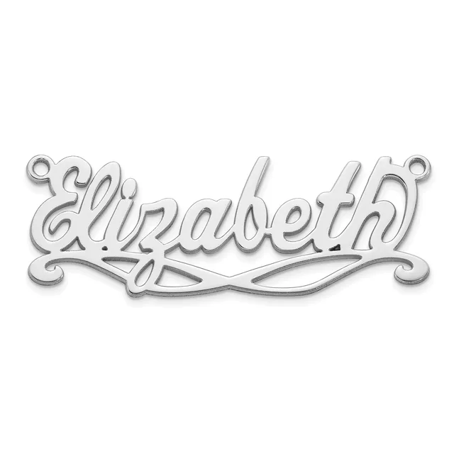 A silver-toned metal nameplate pendant with ornate scrollwork borders spelling "Elizabeth" in flowing script lettering, with small loops at each end for attachment.