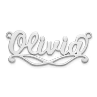 A silver-toned metal nameplate pendant with the name "Laural" in script lettering, featuring decorative scroll flourishes at the ends and an ornamental swirl design beneath.