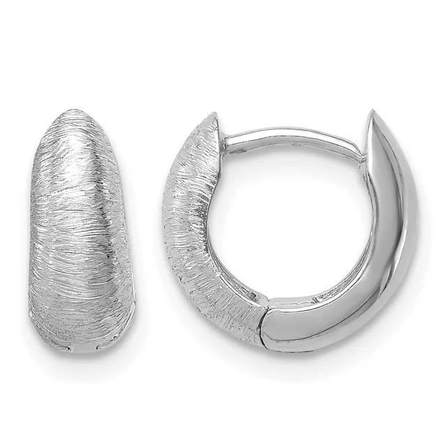 Pair of silver-toned chunky hoop earrings with a brushed textured finish, shown from front and side views.