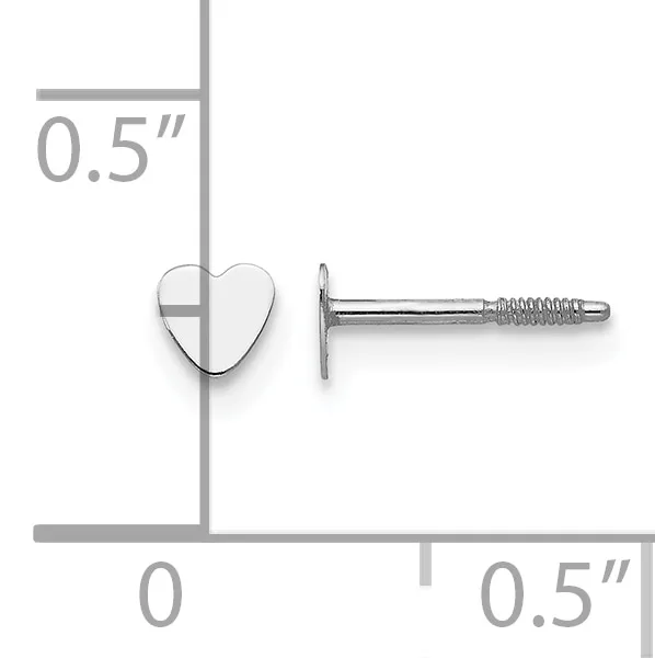Silver heart-shaped stud earring with post and threaded screw back, shown at actual size measuring 0.5 inches in width and height.