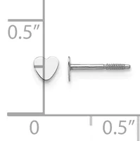 Silver heart-shaped stud earring with post and threaded screw back, shown at actual size measuring 0.5 inches in width and height.