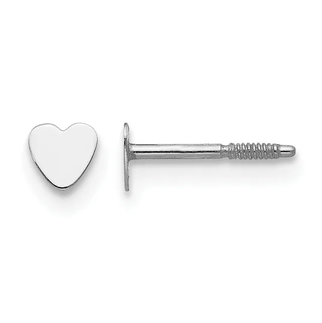 A pair of silver heart-shaped stud earrings shown from front and side views, displaying the flat face and threaded post with clutch back.