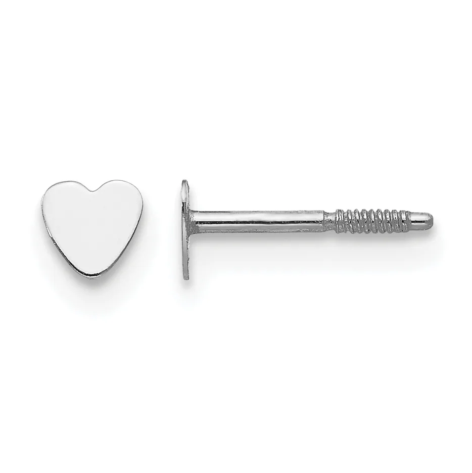 A pair of silver heart-shaped stud earrings shown from front and side views, displaying the flat face and threaded post with clutch back.