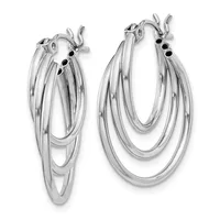 A pair of silver triple-loop hoop earrings with black stone accents on the posts, shown from the front and back angles.