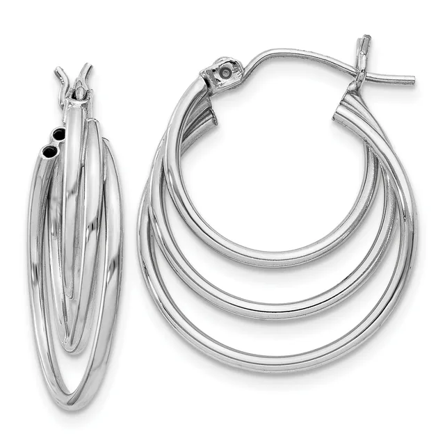 Pair of silver triple-loop hoop earrings with hinged posts and backs, shown from front and side views.