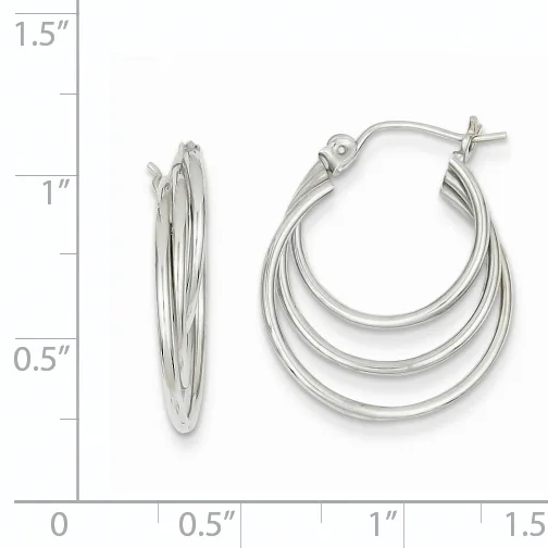 Two silver hoop earrings with triple nested curved bands, shown from front and side views next to a measurement scale indicating approximately one inch in diameter.