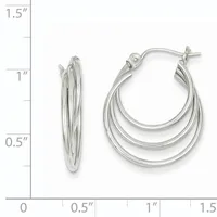 Two silver hoop earrings with triple nested curved bands, shown from front and side views next to a measurement scale indicating approximately one inch in diameter.