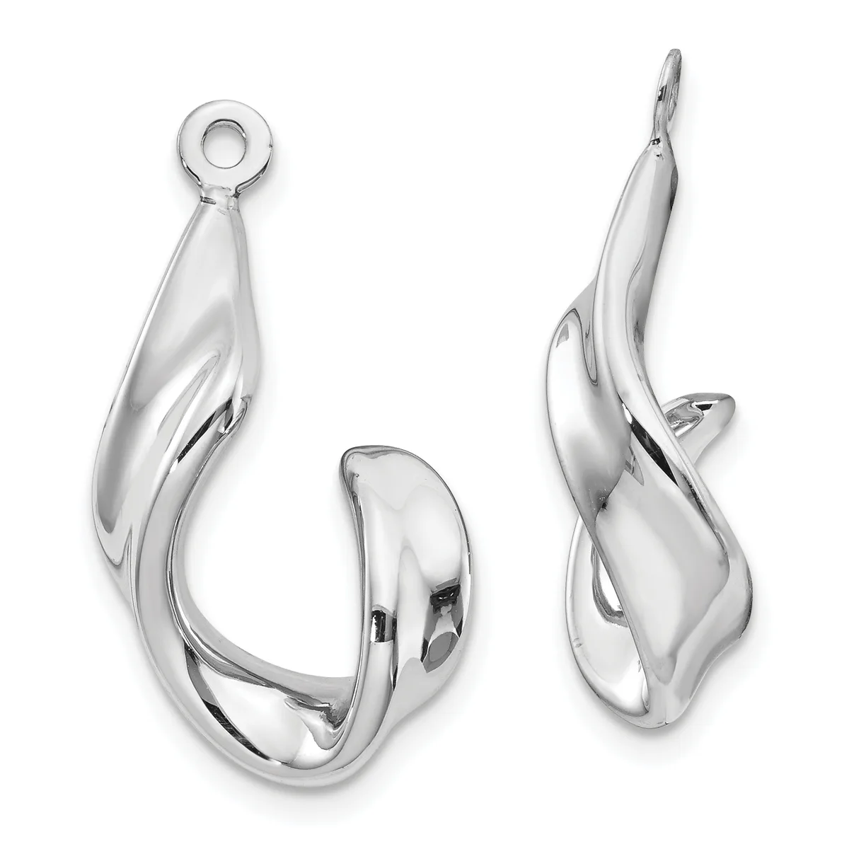 Two polished silver curved hoop earrings shown from different angles, one displaying the loop attachment at the top and the other angled to show the dimensional form.