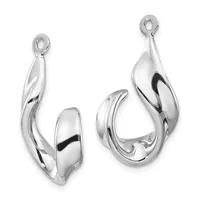 Pair of polished silver teardrop earrings with curved, hollow forms and small loop posts for hanging.