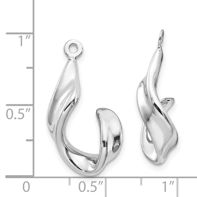 Two polished silver curved hoop earrings with loop tops displayed next to a ruler showing they measure approximately one inch in length.
