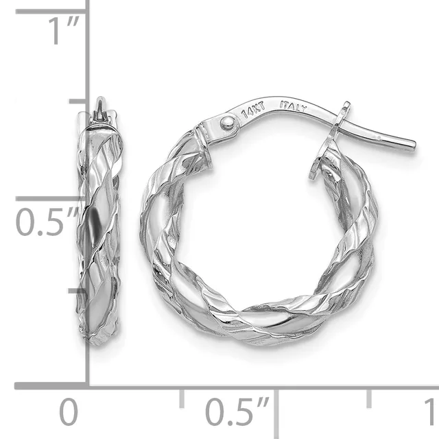Pair of twisted sterling silver hoop earrings with post and clutch backs, shown next to a ruler measuring approximately one inch in length and half inch in width.