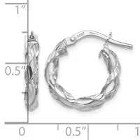 Pair of twisted sterling silver hoop earrings with post and clutch backs, shown next to a ruler measuring approximately one inch in length and half inch in width.