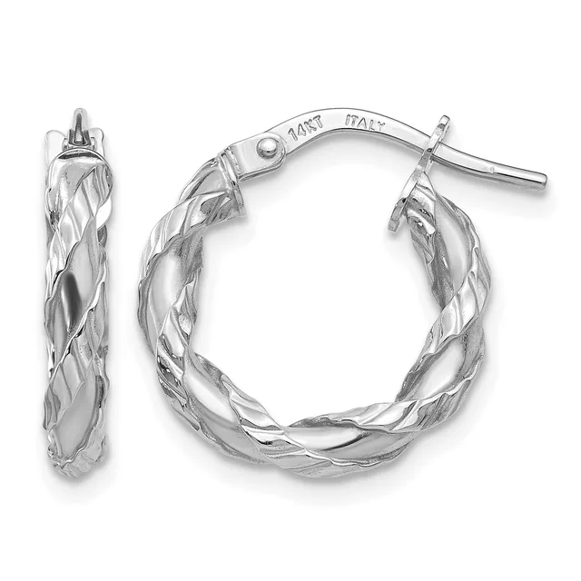 Pair of twisted silver hoop earrings with post and clutch backs, shown from front and side views.