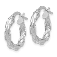 A pair of silver twisted hoop earrings with textured surfaces and post-and-clutch closures, displayed against a white background.
