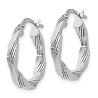 A pair of silver twisted hoop earrings with a textured surface and post-and-clutch closures, shown from the front.